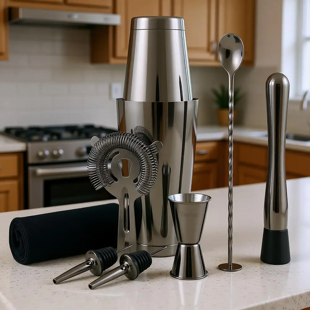 

Набор для приготовления коктейлей Boston Shaker - из нержавеющей стали, утяжеленный, с ситечком и шейкером - набор бармена для миксологии - 9 предметов