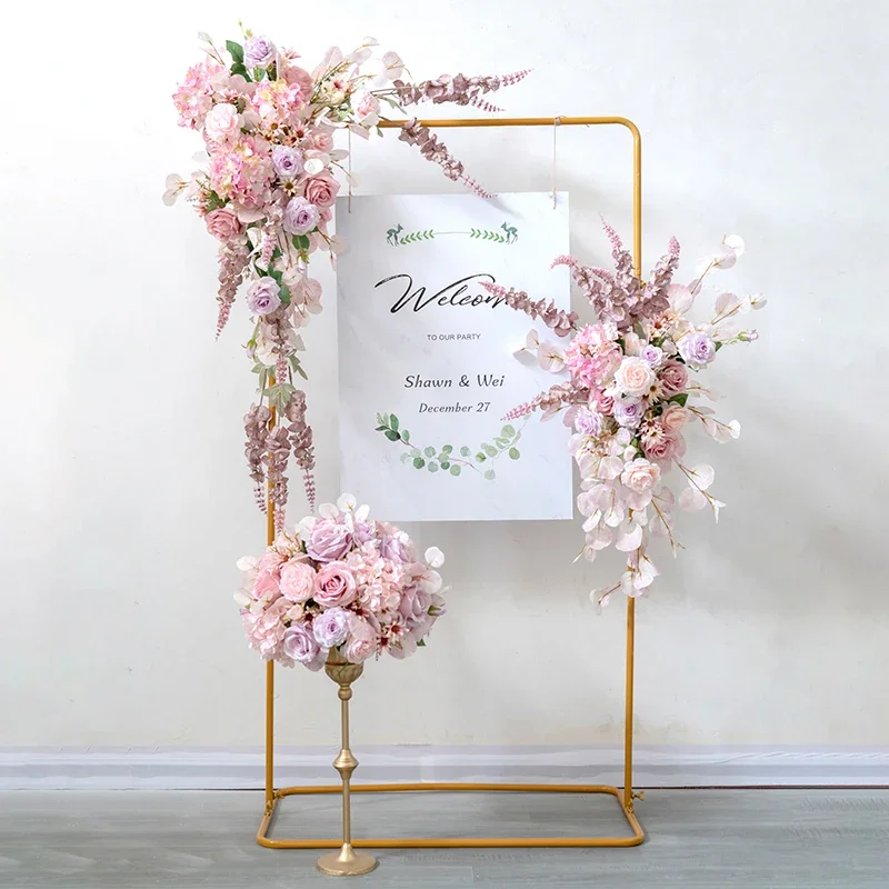 

Autumn pink metal arch floral decoration suit clothing store window opening arrangement wedding floral photography background