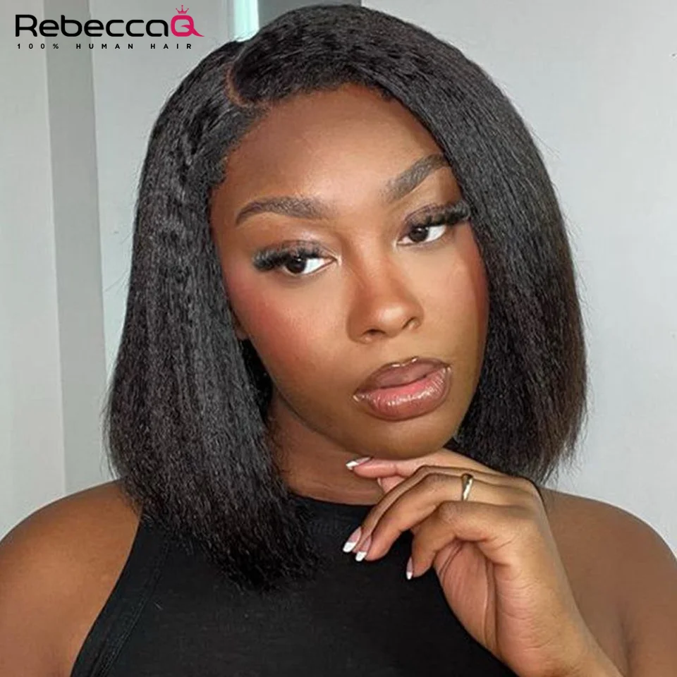 Short Yaki Straight Bob Wigs 100% Human Hair Easy Wear Glueless Kinky Bob Short Yaki Straight Wig For Women Peruvian Hair 12inch