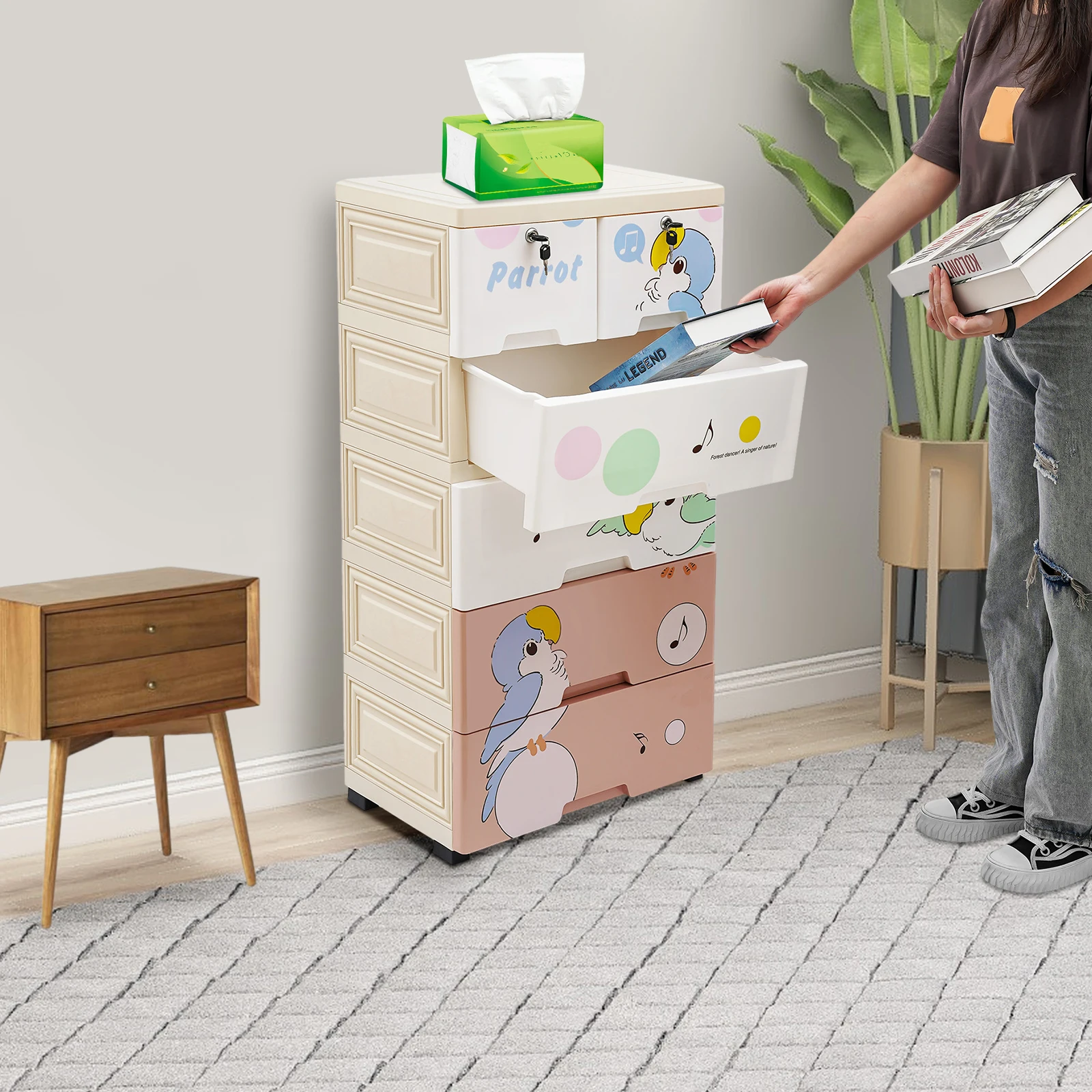 Plastic Drawers Dresser, Storage Cabinet 50x35x102cm, Parrot Design Organizer, Durable PP Material Supports 66lbs Load