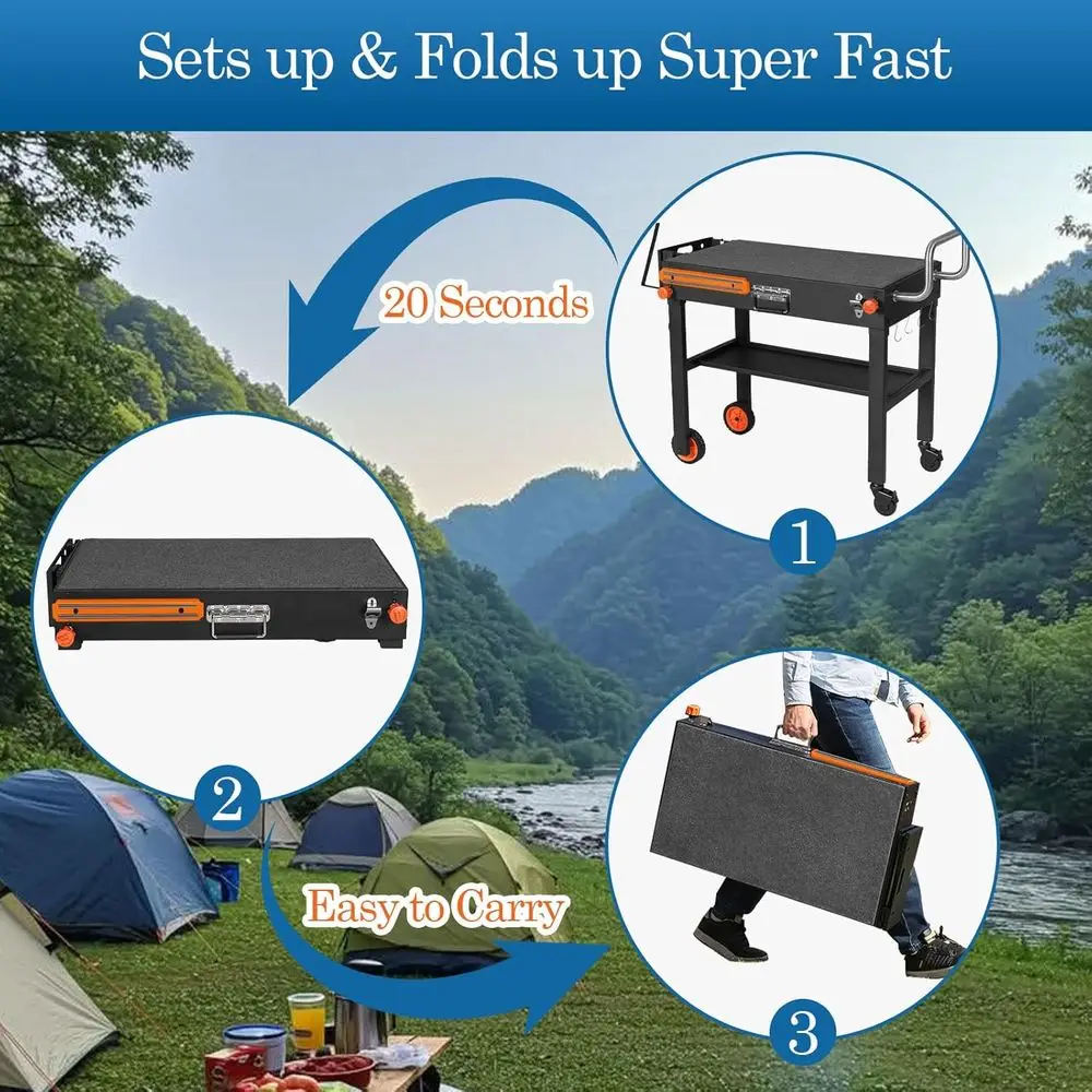 Портативная складная тележка для решеток 17–22 лет и 12 духовок для пиццы — универсальная, быстрая установка, 4 колеса, магнитная полоса (кемпинг и задний двор)