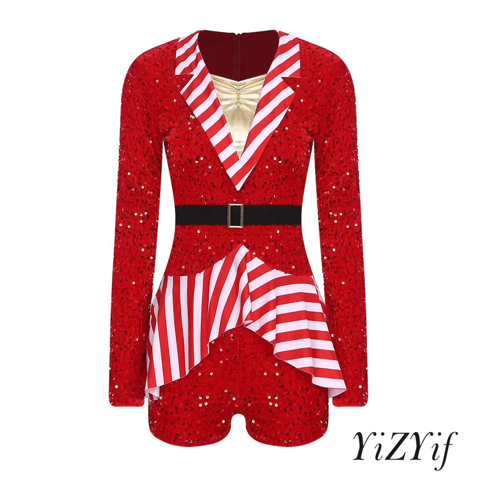 

Women's Christmas Candy Cane Dress-up Costume Stripe Sequined Velvet Patchwork Bodysuit Circus Cosplay Xmas Santa Party Jumpsuit