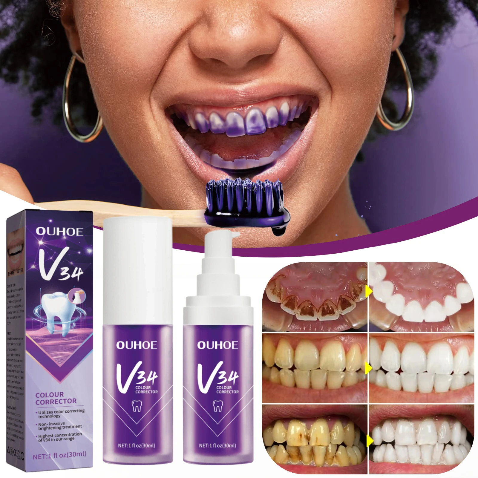 V34 Teeth Whitening Enzyme Toothpaste Remove Plaque Stains Mousse Cleaning Oral Hygiene Dental Tools Fresh Breath Beauty Health