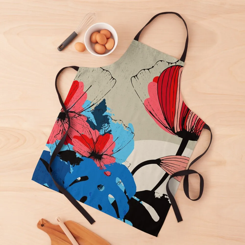 

Flowers and Monstera Leaves – Floral illustration in red, blue and black Apron For Woman Waterproof Kitchen Woman Apron