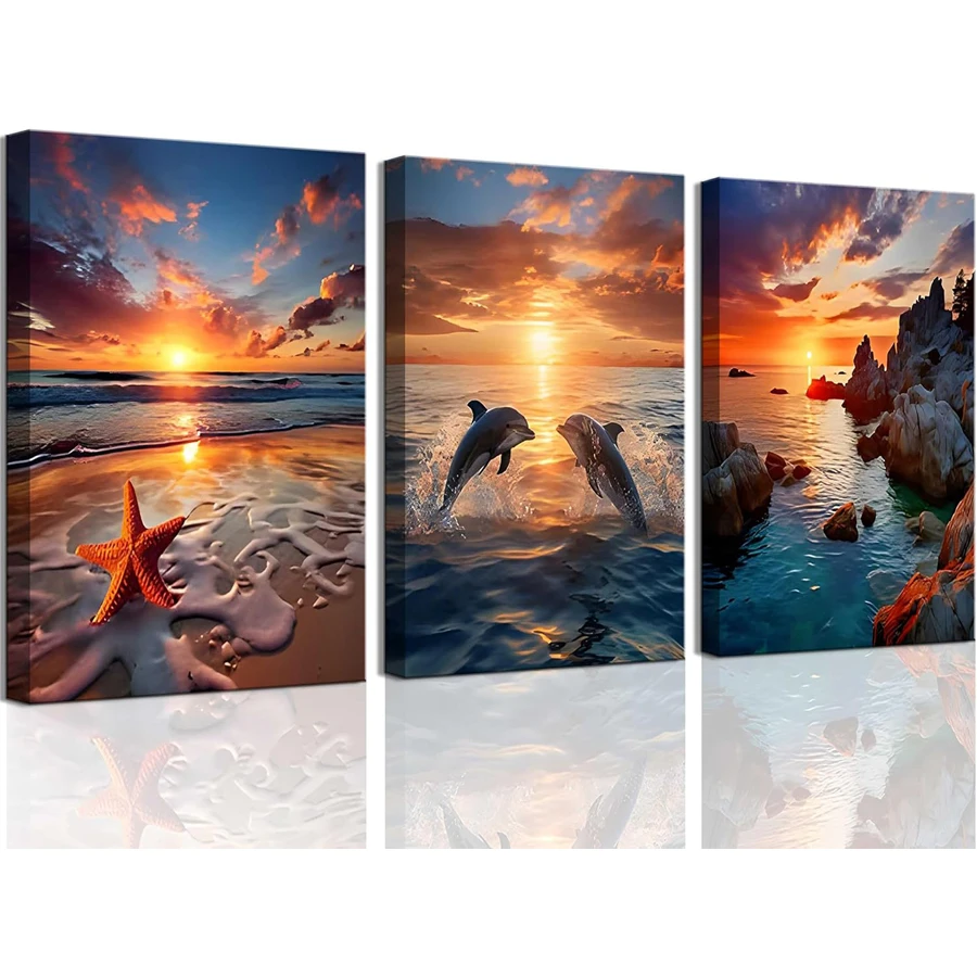 3 Beach Dolphin Sunset Sea Views diamond painting cross stitch 5D DIY diamond embroidery mosaic full drill triptych home decor