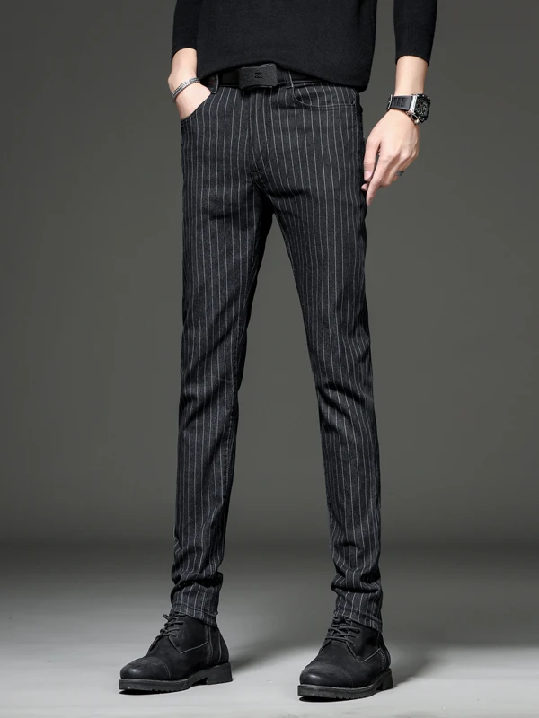 

Весенне-летние новые мужские джинсы премиум-класса в полоску, черные, в корейском стиле, эластичные, длинные, повседневные, износостойкие