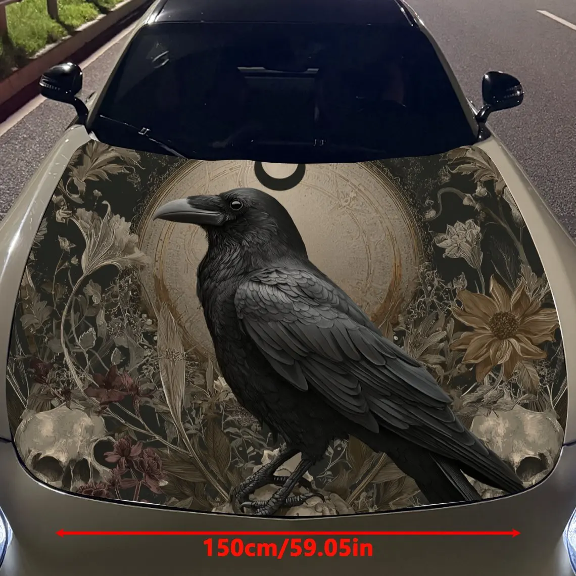 Car Decals Black Raven on Vintage Floral - Patterned Background Car Hood Sticker, Waterproof Self - Adhesive Vinyl Graphics Deca