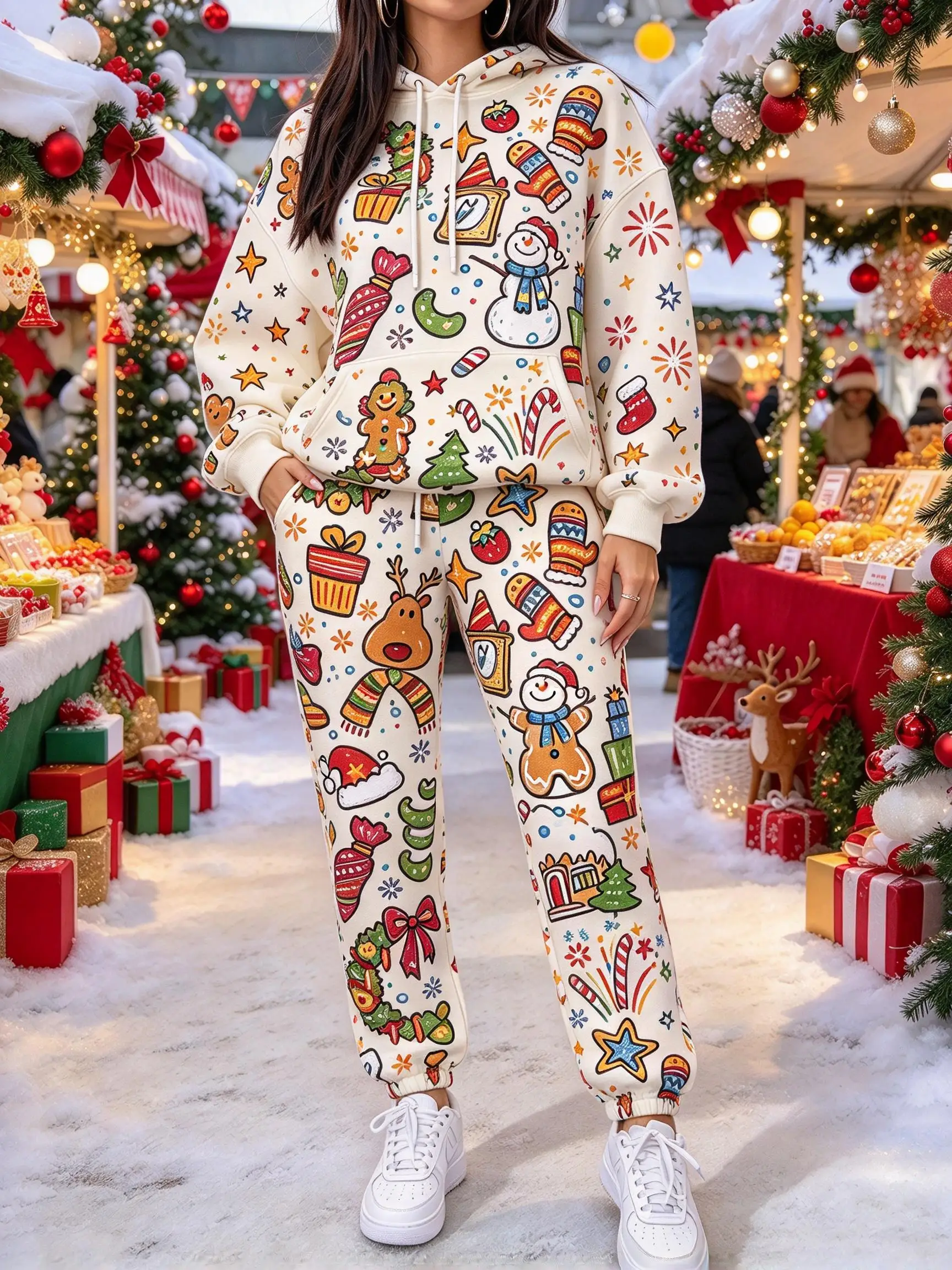 Ladies Cute Christmas Full Printed Hooded Sweat Suit, Long Sleeve Hoodie & Drawstring Joggers, Winter 2 Piece Outfit
