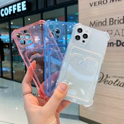 Durable Card Slot Transparent Phone Case For iPhone 12 11 13 14 15 16 Pro XR XS Max 7 8 Plus mini Wallet Shockproof Back Cover