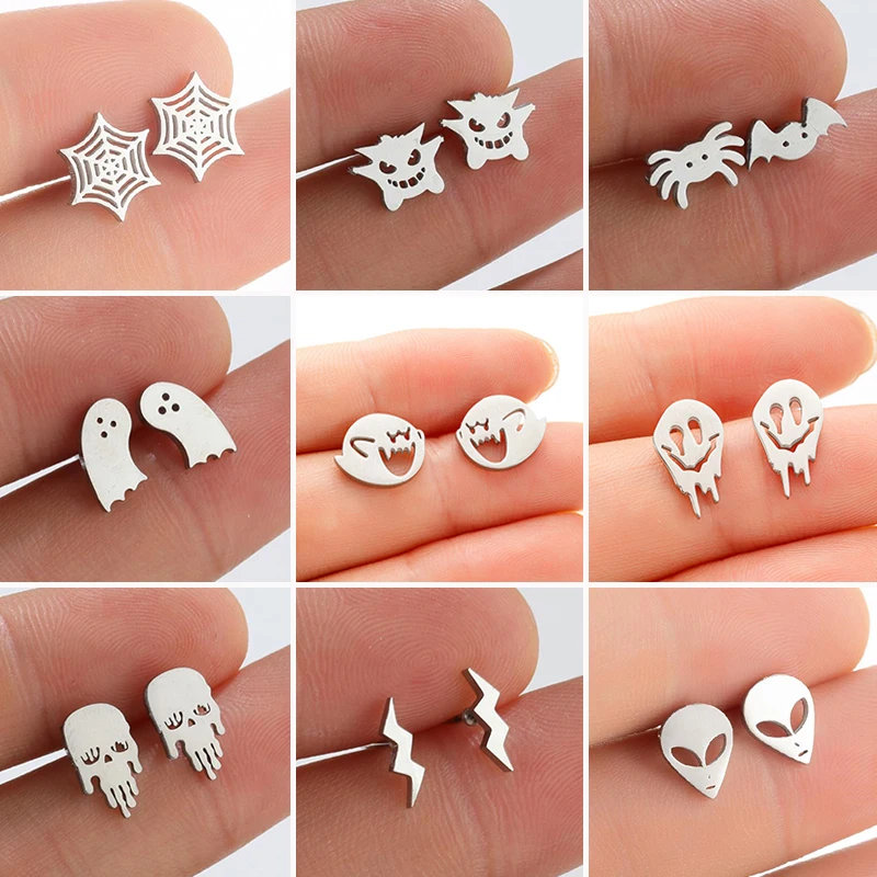 Stainless Steel Funny Ghost Earrings for Women Easter Jewelry Hip Hop Spider Web Earings Skull Bat Ear Studs Hallowmas Gift