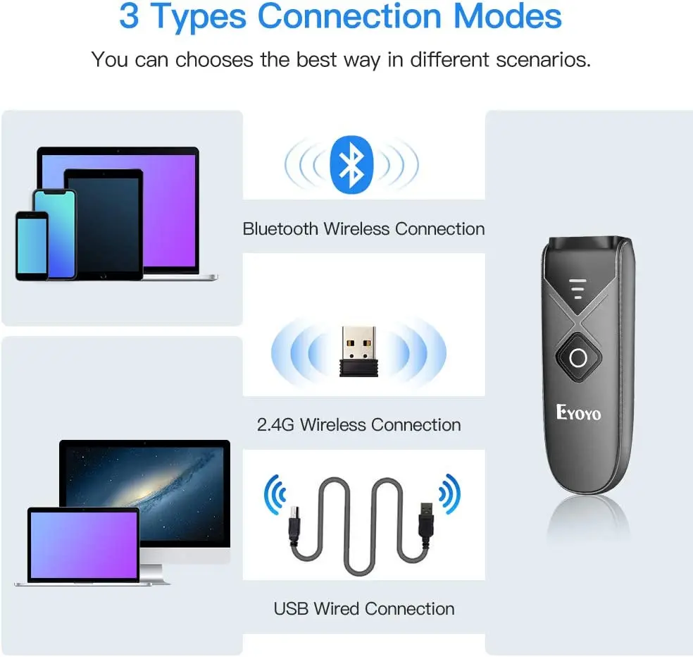 EYOYO  Bluetooth 1D/2D Barcode Scanner Wireless Laser Bar Code Reader for IOS Android Windows Laser Scanners