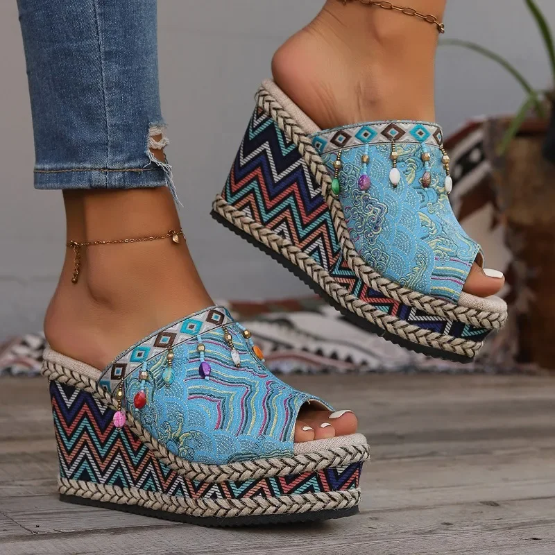 

Summer New Ethnic Style Embroidered Slope Heel Thick Sole Sandals with Multi colored Beads Dropping Slope Heel Slippers