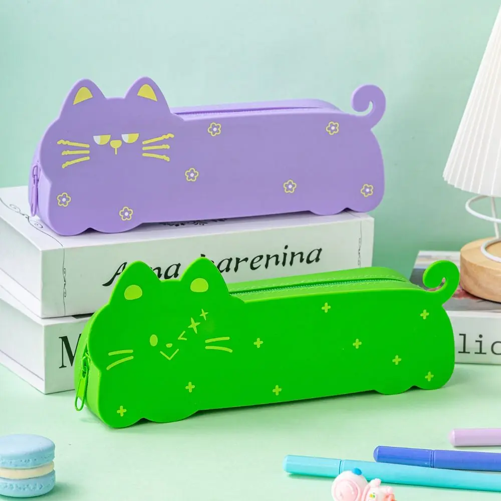 Portable Silicone Pencil Case Large Capacity Cartoon Pen Pouch Waterproof Cat Shape Storage Bag Office