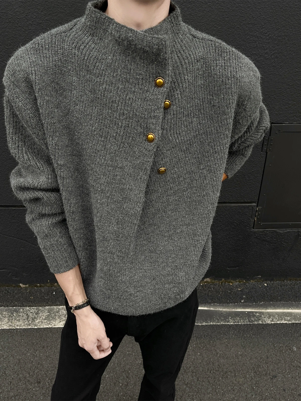 Irregular Button Design High Collar Sweaters Men Autumn New Trendy Stylish Oversize Knitted Tops Male Solid Color Chic Knitwears