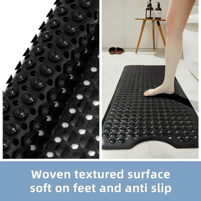 Esteira de banho extra longa antiderrapante com ventosas e furos de drenagem, Tapetes de banheiro laváveis à máquina, Black Bath Tub Mat