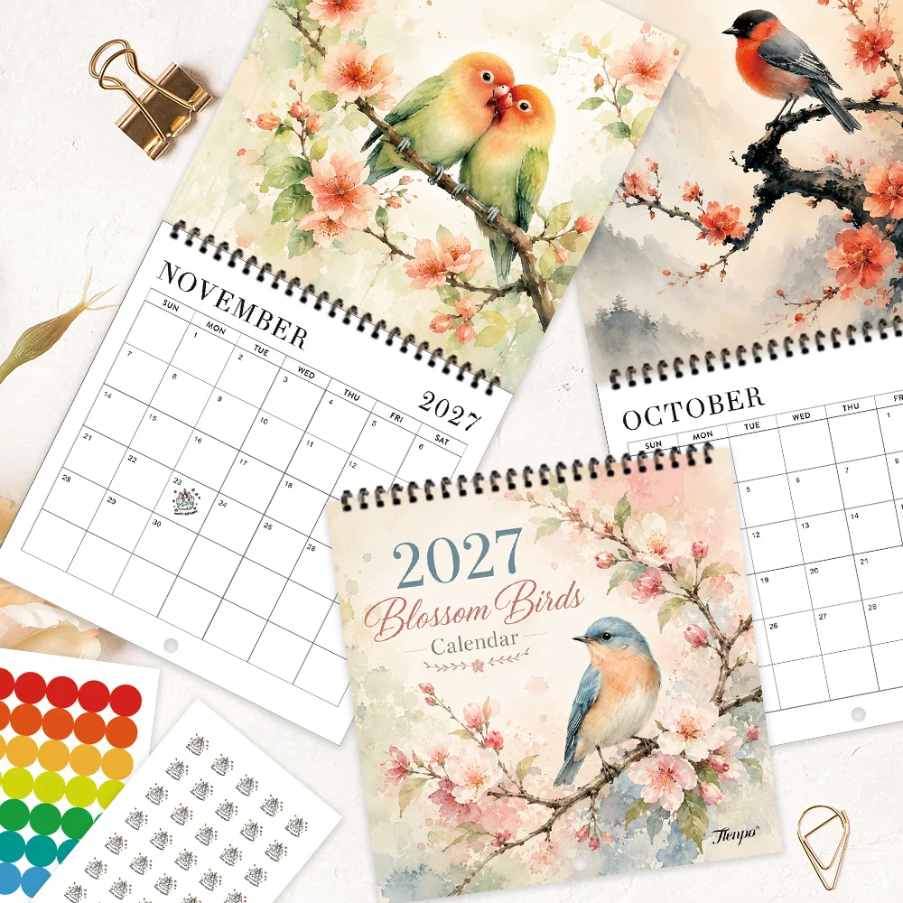 1pc 2027 Chinese Style Floral Wall Calendar,12‑Month Planner,Gift For Back‑to‑School,Christmas,New Year,Free Stickers Included