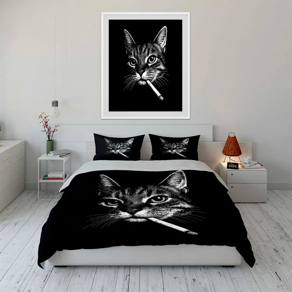 Cat with Cigarette Black White parteen Duvet Cover Set with 3D Printing Design Soft Polyester Bedding Set All-Season Comfort