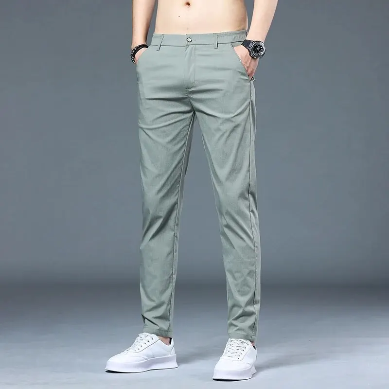 2024 Spring/Summer Thin Men\'s Casual Pants Men\'s Wear Ice Silk Pants Men\'s Trendy Korean Slim Fit Straight Leg Pants