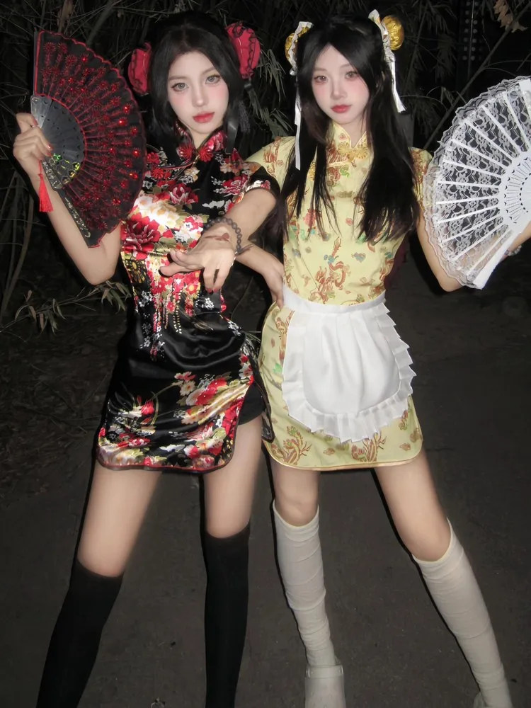 فستان تشيونغسام جديد بالطراز الصيني لحفلات الكريسماس وحفلات التنكر، طقم خادمة لوليتا، ملابس حفلات أنيقة بأكمام قصيرة وياقة مس...