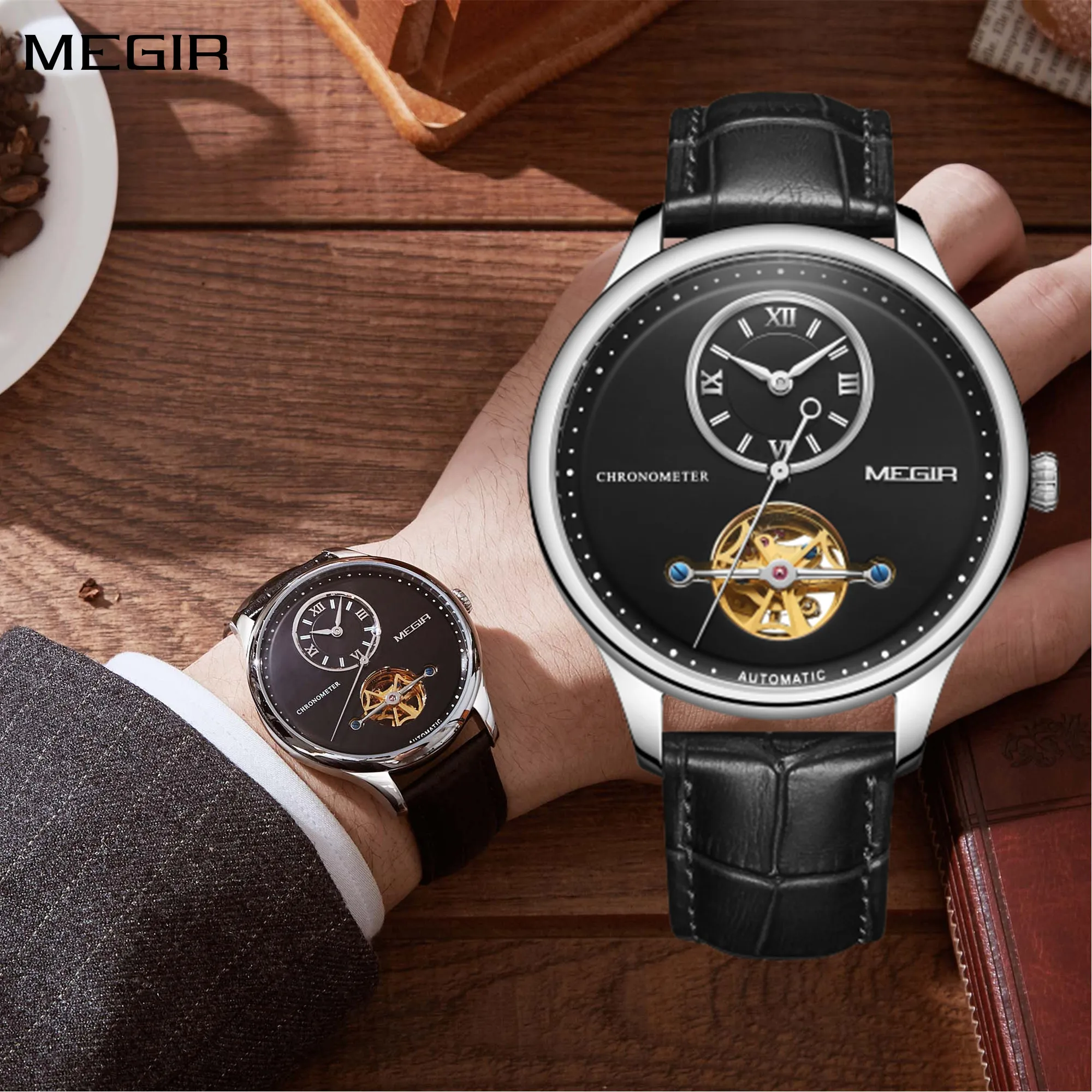 MEGIR Luxury Brand Men Mechanical Watches Multifunction Clock Wrist Watch Leather Automatic Movement Waterproof Wristwatch 62070