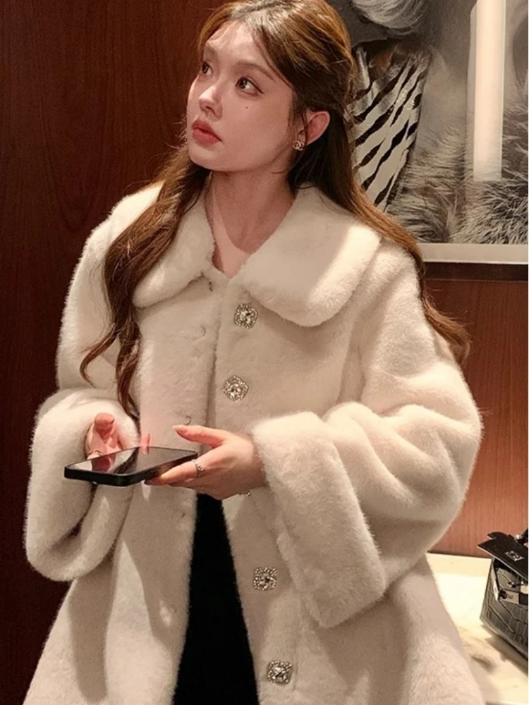 Faux Mink Fur Jacket Women's Winter Warm Coat Doll Collar One-Piece Leather And Fur Eco-Friendly Commute Style Long Sleeve
