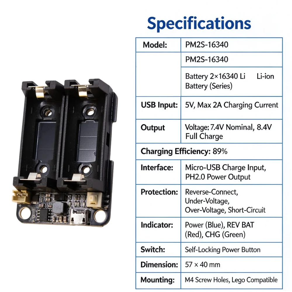 PM2S‑16340 7.4V Lithium Battery Power Module Micro‑USB 5V Charge 2A Max PH2.0 Output Multi‑Protection For Robot Arduino ESP32