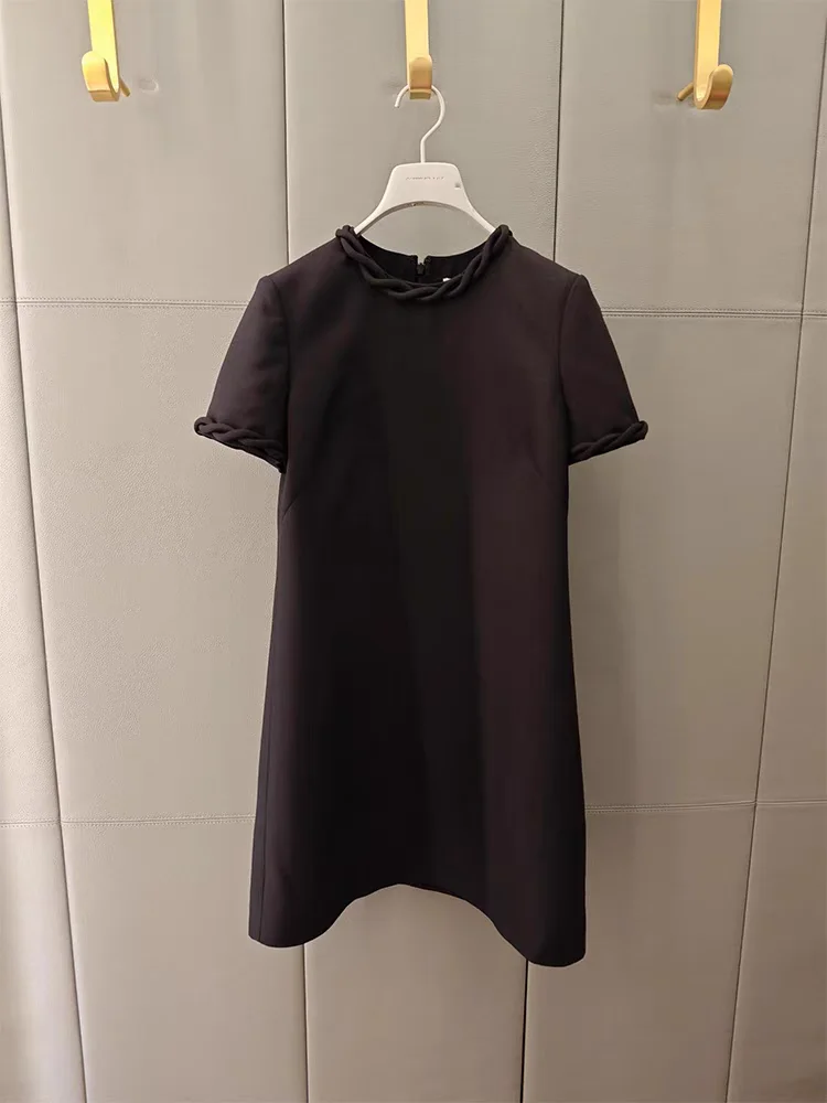 

New A-Line Dress Neck Rope Braid Details Fashionable Retro Sensation White Moonlight High Waist Short Sleeve round Neck Dress