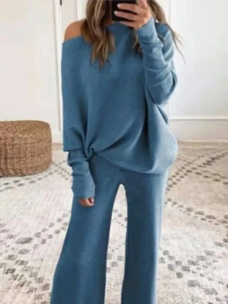 Spring Autumn New Suit Women\'s Solid Off Shoulder Long-sleeved Ribbed Knit Top + Trousers Sets Casual Fashion Two-piece Set