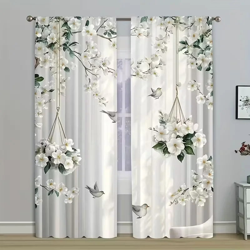 2PC White Floral Bird Hanging Basket Sheer Curtains - Serene Garden-Themed Print Window Drapes for Living Room Bedroom Decor