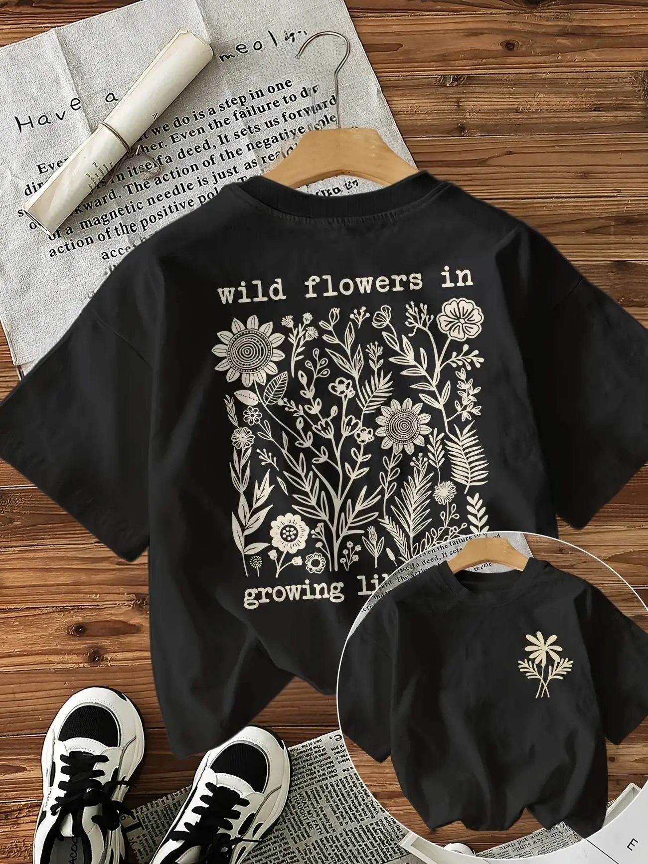 

Plus - Size Wild Flowers Graphic Tee, Black Short - Sleeve with Nature - inspired Print