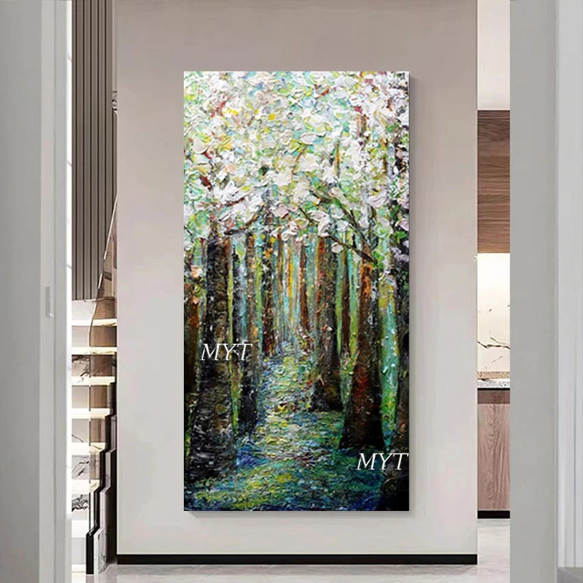 Forest Scenery Drawing Canvas Picture Green Acrylic Design Tree Oil Painting Abstraction Unframed Art Hotel Wall Decoration