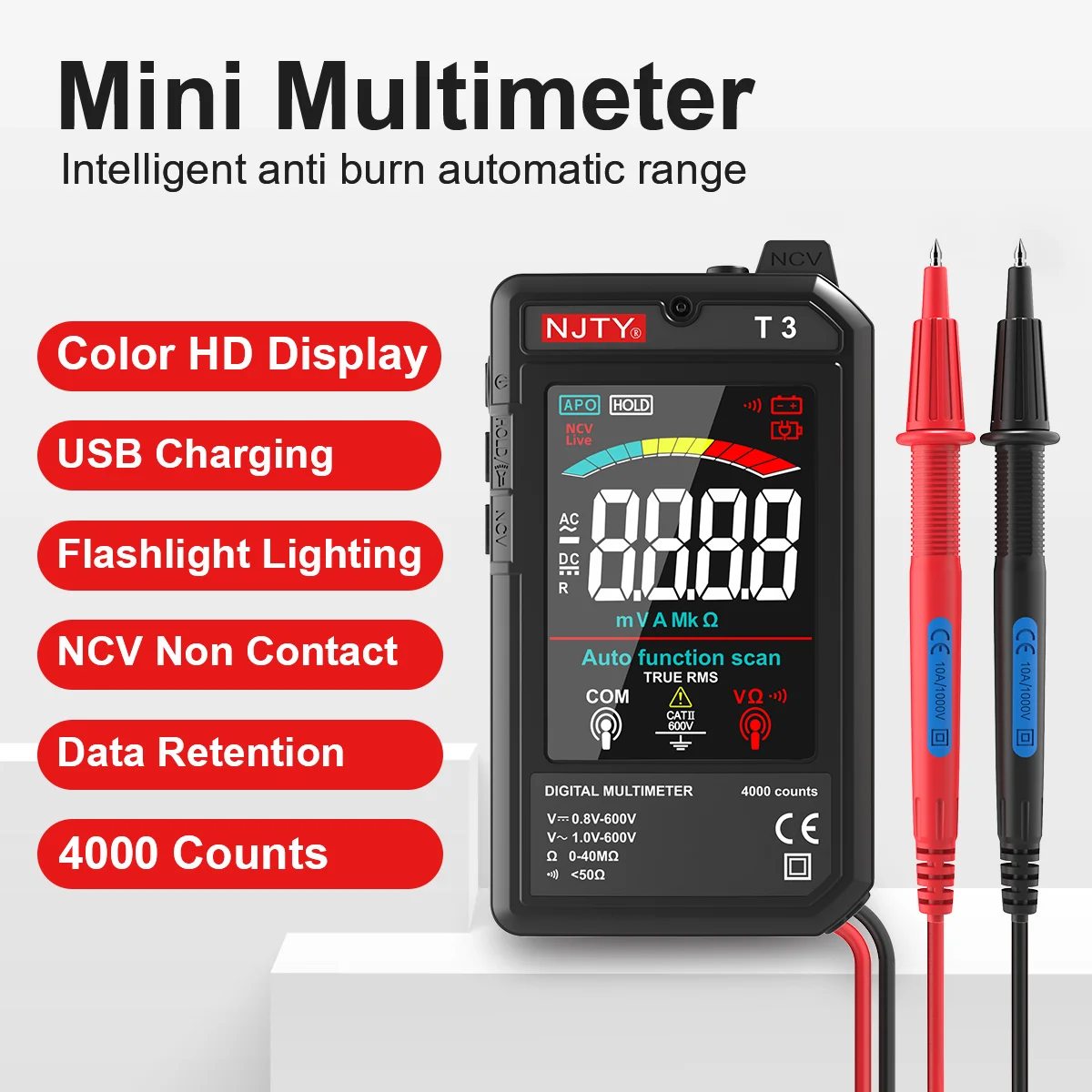 NJTY T3 MINI Smart Digital Multimeter Color Screen USB Rechargeable 4000 Counts Auto Ranging Voltage  Resistance NCV Live Wire