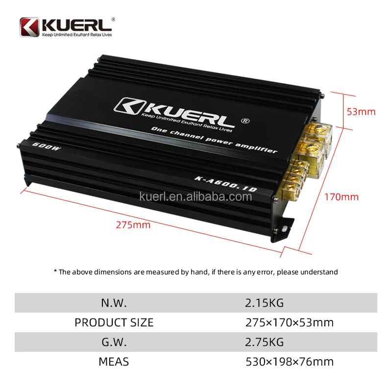 Aluminum alloy 1-CH Digital Car Amplifier Class D Mono Car Audio Enhancer Speaker Amplifier RMS power 600W@1Ω/360W@2Ω/240W@4Ω