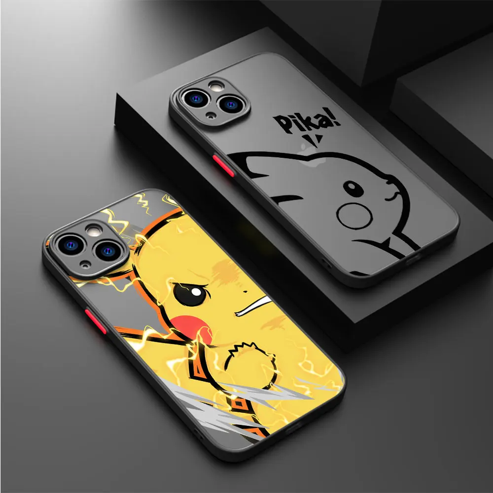 Case for Apple iPhone 11 14 15 Pro Max 13 12 Mini 7 8 Plus XR X 6 6S XS SE Phone Cover Black Matte Funda Pikachu Pokemon Cartoon