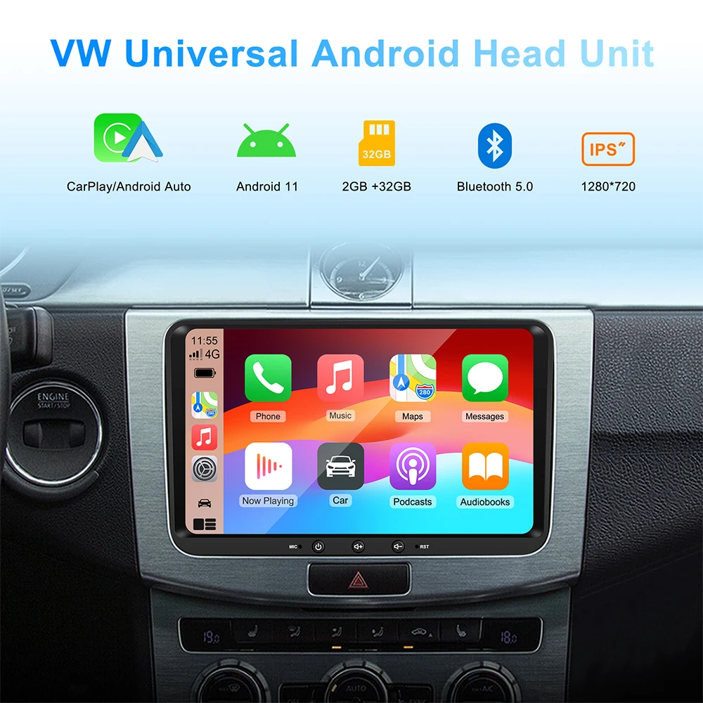 VW 9-inch Universal Android 11 Car Stereo CarPlay Head Unit Bluetooth FM Radio GPS for VW Passat Golf MK5 MK6 Jetta T5 EOS POLO