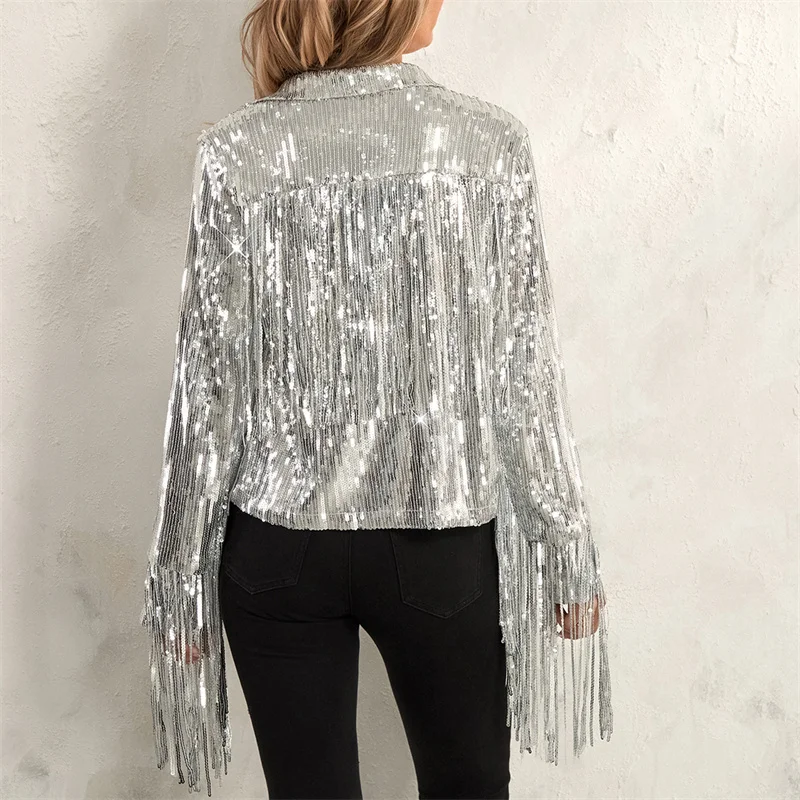 Dourbesty Women Sequined Party Club Jackets Sparkly Long Sleeve Open Front Tassel sJackets Blazers Summer Autumn Coats Clubwear