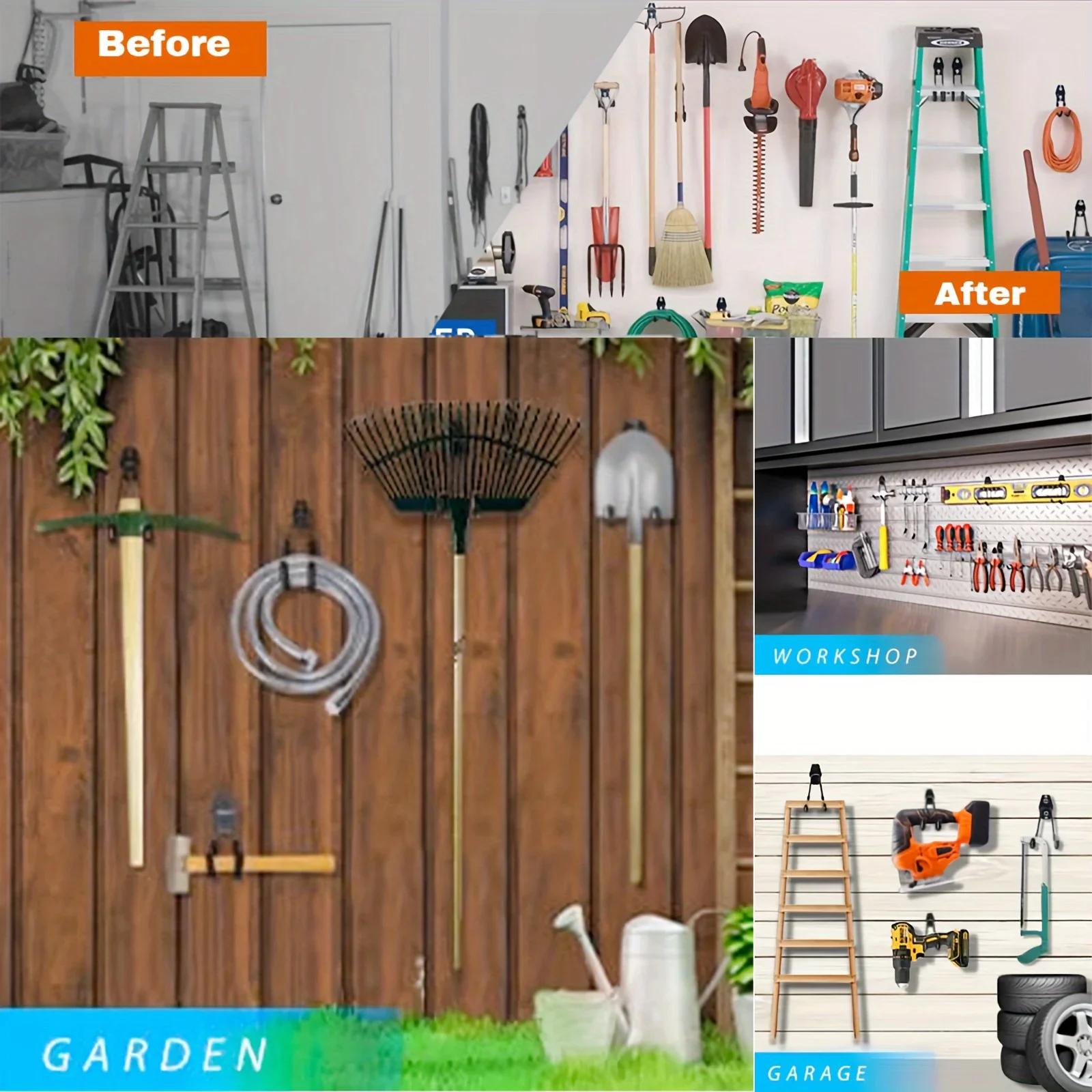 4 Pack Heavy-Duty Garage  - Multi-Purpose Wall Mount  Solution for Organizing Power Tools, Ladders, Bikes, Ropes, and More - Dur