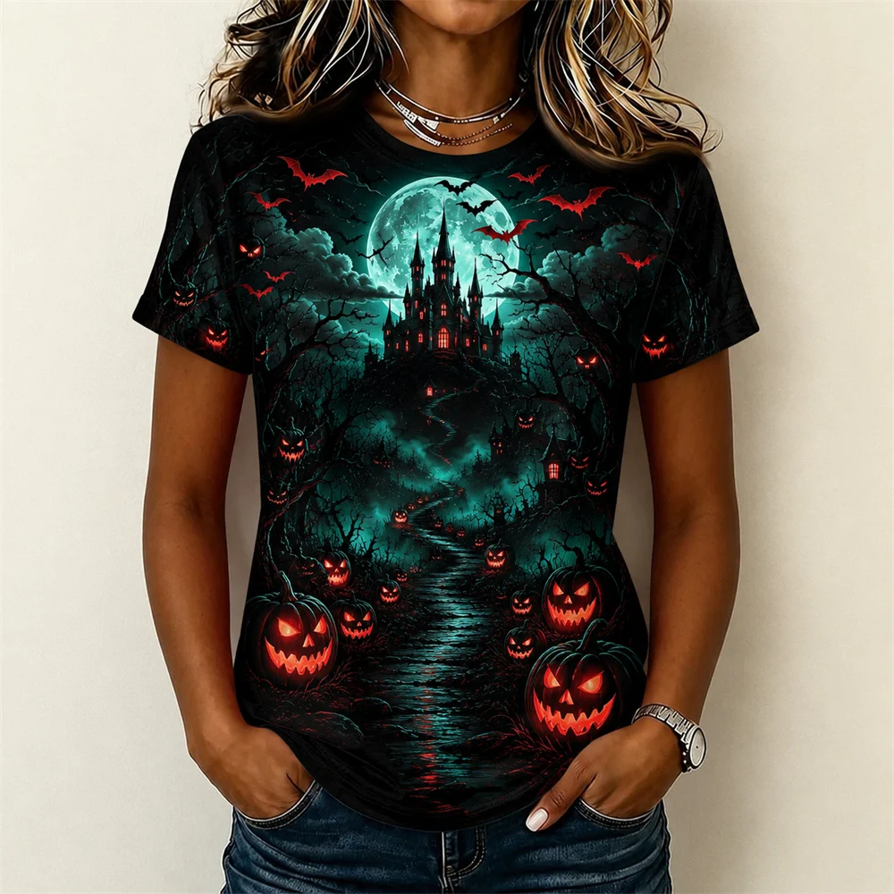 Black Theme Horror Halloween T-shirts Men Women 3D Print Ghost Bat Pumpkin Castle Pattern T Shirts Suitable Halloween Costumes