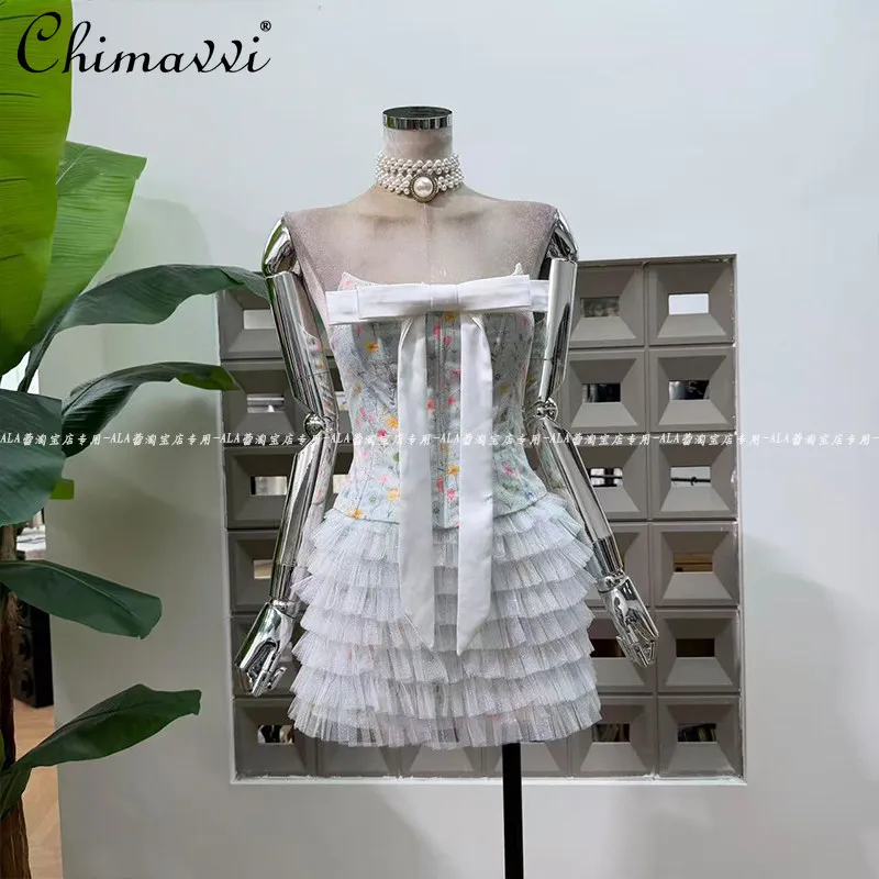 

Korean Elegant Sweet Celebrity Fishbone Slim Bow Strapless Tops High Waist Mesh Mini Skirt Two-piece Set for Women Summer 2026