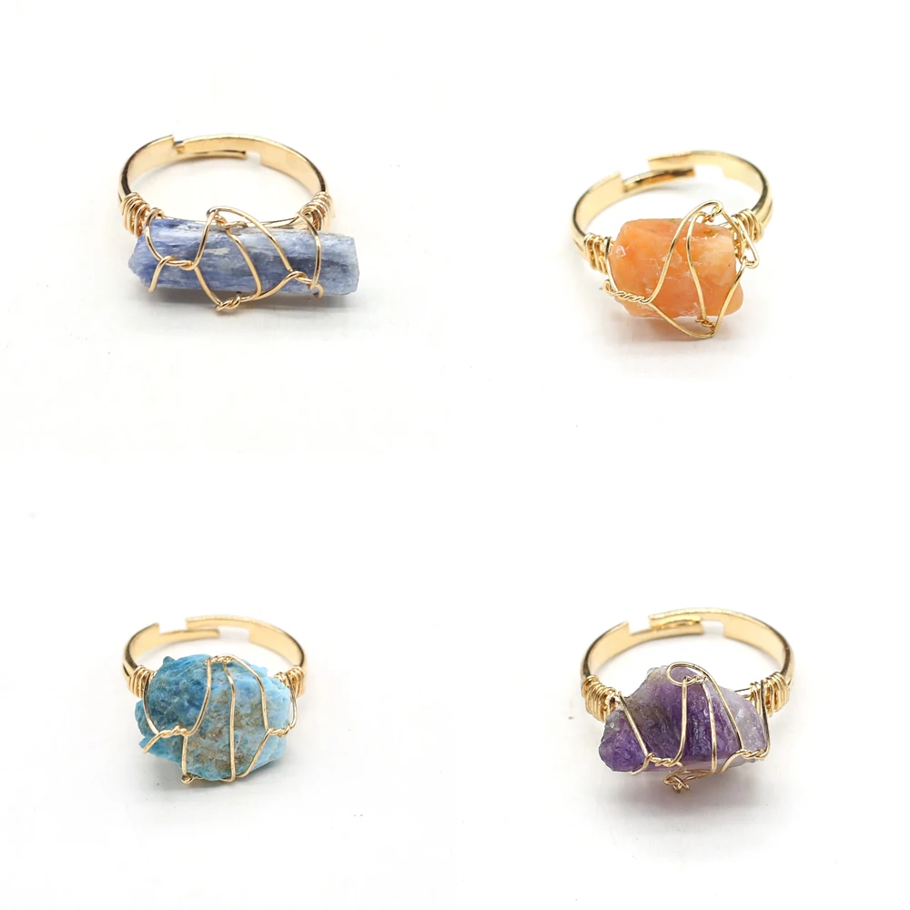 Irregular Natural Crystal Wire Wrap Rings for Women Amethyst Aquamarine Healing Natural Stone Finger Ring Adjustable Jewelry