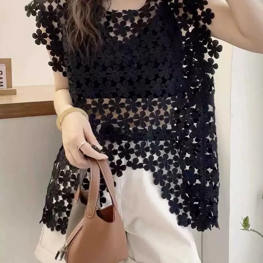 High-Low Floral Lace Hollow Out Vest Women Summer Transparent Cover-Up Top Holiday Beach Casual Boho Tank Top Black White Beige