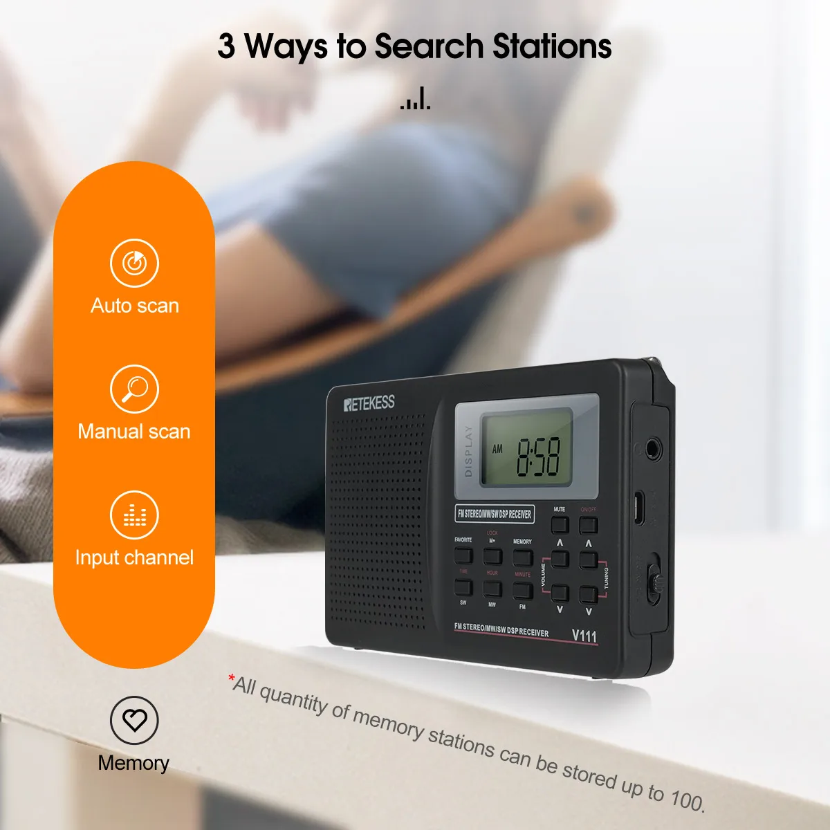 RETEKESS V111 Полнодиапазонное радио FM-стерео/MW/SW DSP Приемник мирового диапазона с таймером-будильником Портативное радио черный F9201
