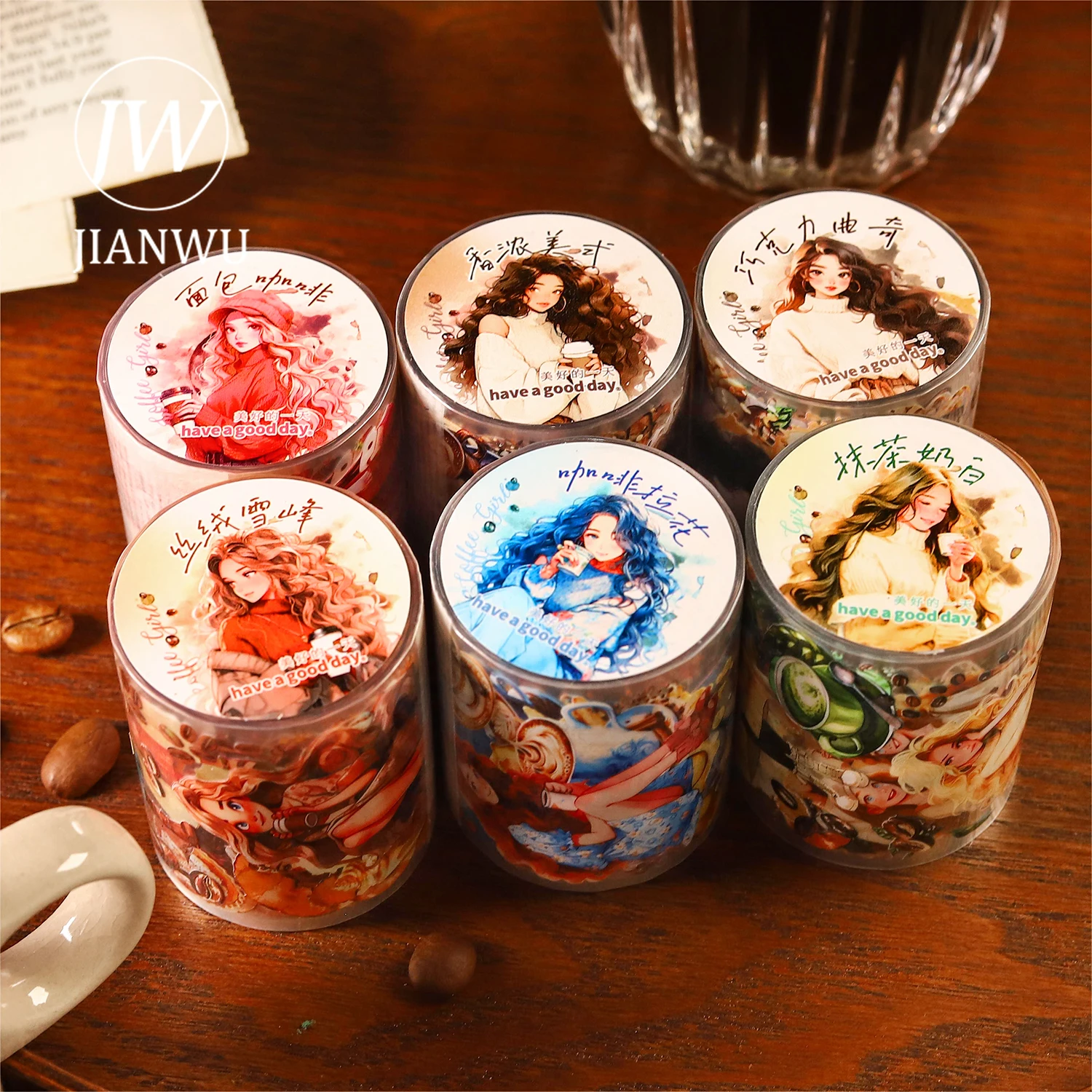 JIANWU 50mm*200cm Coffee Girl Series Kawaii Character Shell Light Material Collage PET Tape Creative DIY Journal Stationery