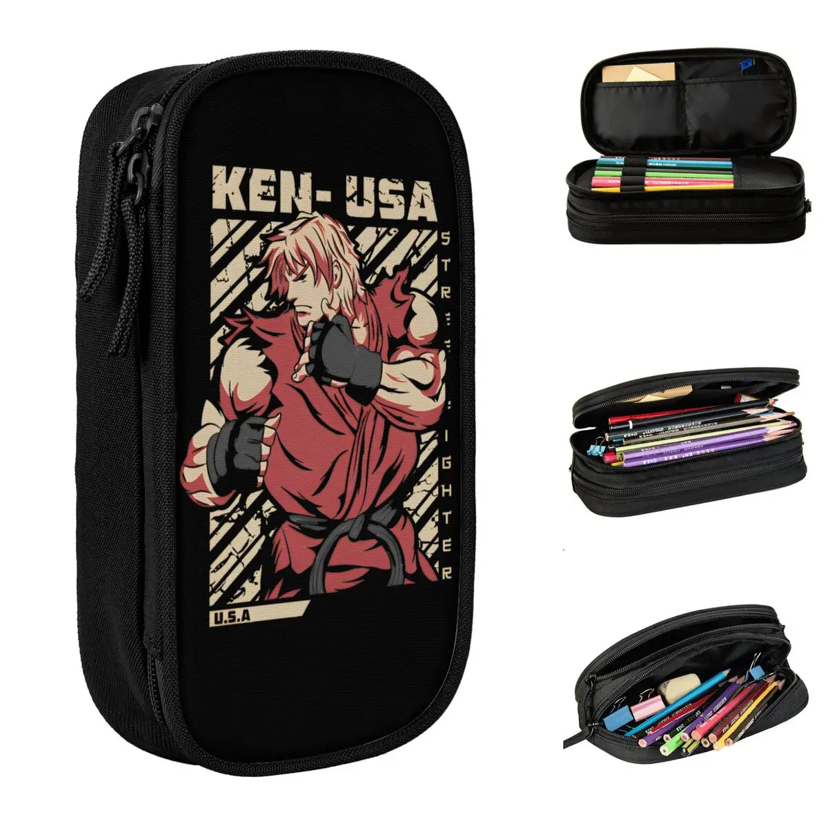 Classic Ken Masters Pencil Cases Street Fighters Pencilcases Pen Holder for Student Large Storage Bag Cosmetic Accessories