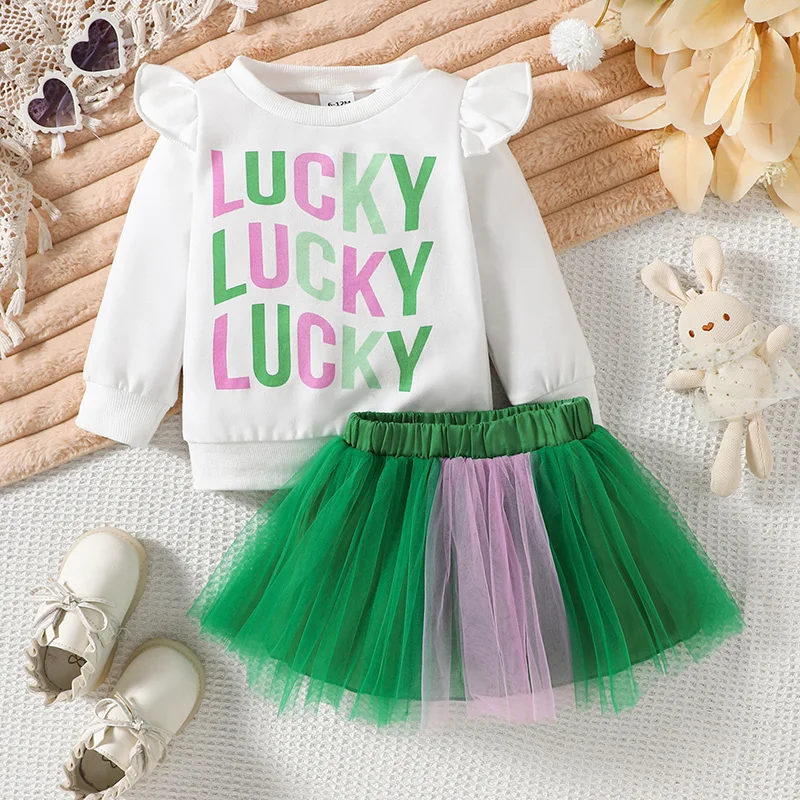 طقم ملابس للفتيات الصغيرات في اليوم الأيرلندي مطبوع عليه حروف وأكمام طويلة وتنورة من التول لملابس الخريف اللطيفة للأطفال