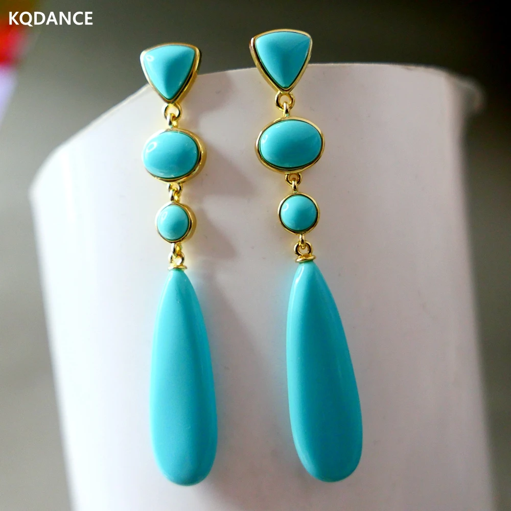 KQDANCE  Women New Blue Apatite Red Turquoise Long Slim Water Drop Earrings with 925 Silver Needle Gold Plated Jewelry Wholesale