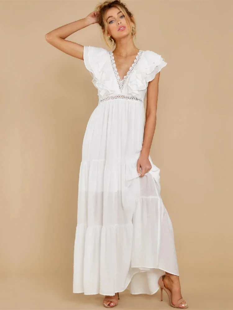 Vestido de praia feminino com babados com decote em v, moda praia, traje de banho, roupas de cobertura, roupas frescas, chique, branco, elegante, retro, D9