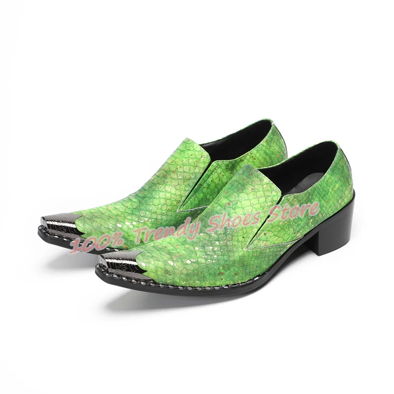 Luxury Snakeskin Pattern Embossing Genuine Leather Loafers Male Wedding Party Dress Shoes Metal Square Toe Chunky Heel Oxfords
