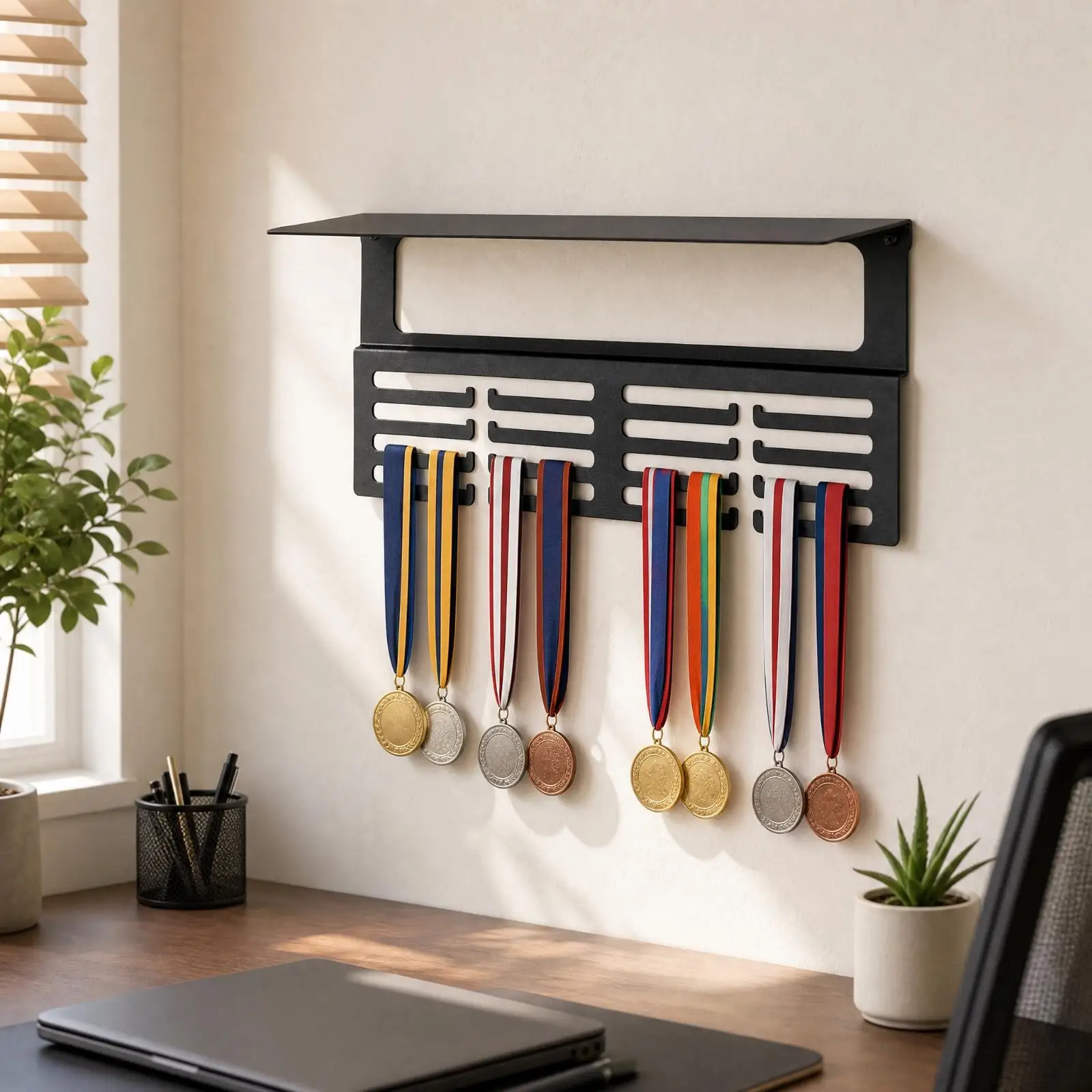 Wall-Mounted Medal Display Rack Easy to Install Medal Display Rack with Upper Shelf Award Shelf with Hooks Large Capacity Steel