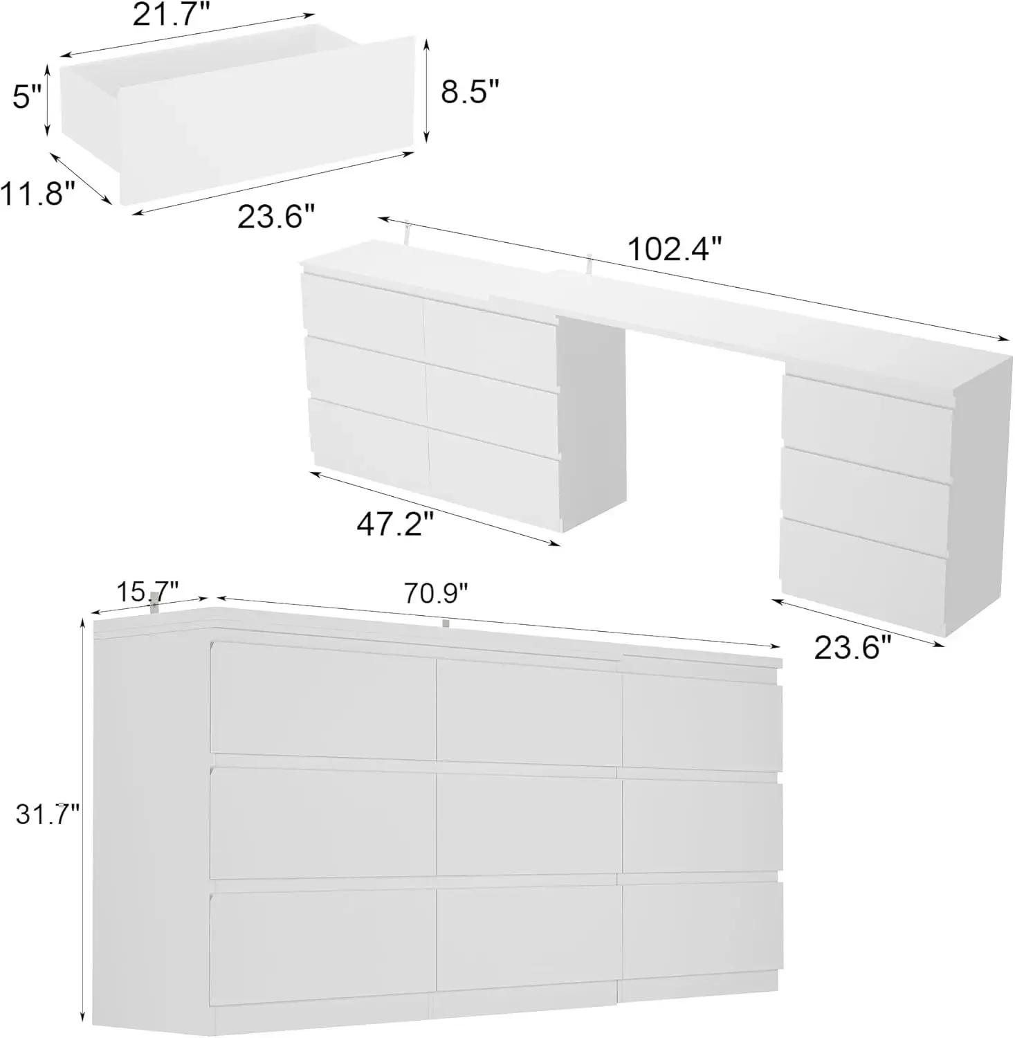 9 Drawer Double Dresser with Makeup Vanity Desk, Deformable Wood Dresser Chest , Storage Chest of Drawers for Bedroom, White